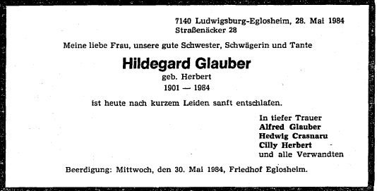 Herbert Hilda 1901-1984 Todesanzeige